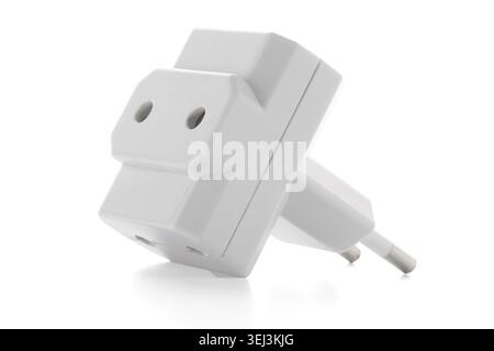 Triple Outlet Tap. Electric energy adapter used to split socket outlet. Isolated on white background Stock Photo