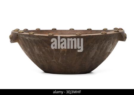 Empty brown wooden bowl isolated white background Stock Photo