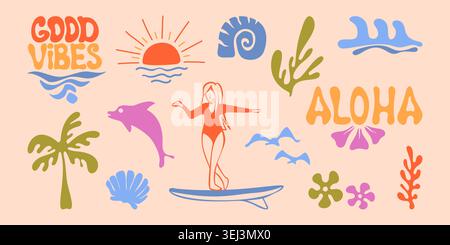 Retro sea icons, surf board, beach waves and palm tree, vector doodle set isolated on background. Vintage summer illustrations for coastal vacation design, tropical island graphic, dolphin and shells Stock Vector