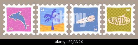 Vintage summer hand drawn stamps with surfboard, tropical patterns, palm tree, dolphin and sea waves, vector illustrations. Retro postage collection for travel postcards and island vacation stickers Stock Vector