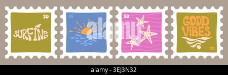 Vintage summer hand drawn stamps with surfboard, tropical patterns, sunset, starfish, and sea waves, vector illustrations. Retro postage collection for travel postcards and island vacation stickers Stock Vector