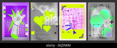 Y2K aesthetic posters with geometric patterns, gradient background, 3d distorted shapes, melted hearts, halftone hand and mouth with tongue. Retro vector psychedelic design, acid colorful collage Stock Vector