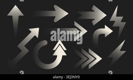 Halftone gradient arrow icons with dot pattern, digital vector set isolated on black background. White directional symbols, thunder bolts, and geometric shapes for modern design Stock Vector