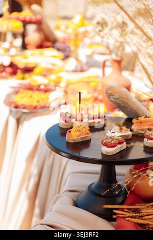 A selective focus shot of various small bruschetta appetizers with tomatoes and salmon served on a black stand at an outdoor banquet Stock Photo