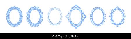 Vintage whimsical lace frames with ornate embroidery pattern, set of vector illustration isolated on white background. Decorative blue floral border for elegant wedding cards, coquette style design Stock Vector