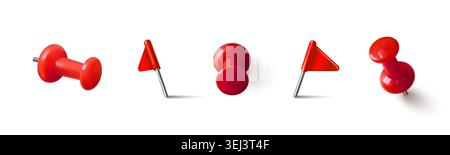 Red 3D pushpin and flag pin icons set isolated on white background. Vector realistic illustration of thumbtack for office board, memo fixing, school collage or map location marker, gps pointer design Stock Vector