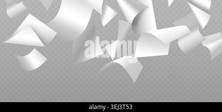Flying paper sheets isolated on transparent background. Vector realistic illustration of white document or notebook papers swirl in air, letters fall and curl in wind, office work flow, paperwork mess Stock Vector