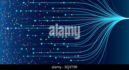 Abstract ai data flow vector background. Neon glowing blue stream, neural networks algorithm, big data analysis model and digital technology concepts with dynamic line patterns and connected particles Stock Vector