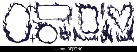 Fire doodle frames set with black blazing flames isolated on white background. Vector realistic illustration of burning border and corner designs, round, lightning and heart shape sketch elements Stock Vector