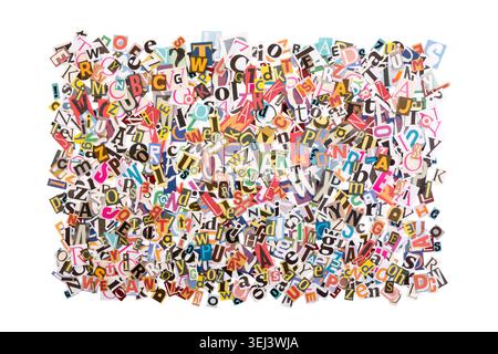 Pile of many colorful letters from newspapers and magazines isolated on white background with clipping path Stock Photo