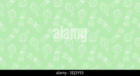 Doodle seamless pattern with asparagus and artichoke. Stock Vector