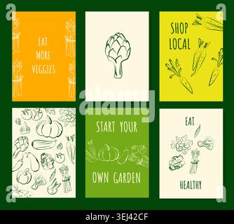 Doodle set of vegetable posters with motivational typography about healthy eating and local farming. Stock Vector