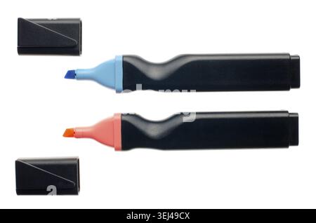 Blue and pink highlighters isolated on white background Stock Photo