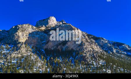 Mt Charleston Snow Covered Mountain Peak and Pine Forest Under Clear Blue Nevada Sky Stock Photo