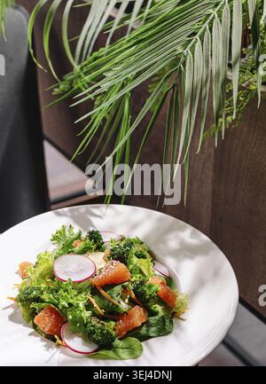Food, A vibrant salad featuring broccoli, grapefruit, and radishes is placed on a white plate. The setting includes greenery and wooden decor, creatin Stock Photo
