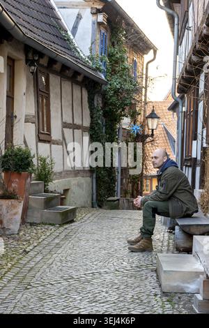 Quedlinburg - Saxony-Anhalt - Germany - 03-08-2025: A man sits on a wooden bench in a cobblestone alley between half-timbered houses, ivy-covered wall Stock Photo