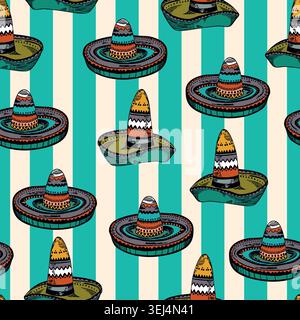 Seamless patterm with Mexican ethnic sombrero hat. Vector drawing illustration for packaging, wallpaper, fabric. Wild west, Mexico, Cuba concept Stock Vector