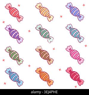 Colorful seamless candy pattern featuring cute wrapped sweets in pastel tones with tiny stars on a soft background. Perfect for fabric, wallpaper, tex Stock Vector
