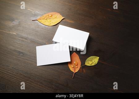 Photo of blank business cards and autumn leaves on wood table background. Template for branding ID Stock Photo