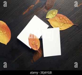 Photo of white business cards and autumn leaves on wood table background. Template for branding ID. Flat lay Stock Photo