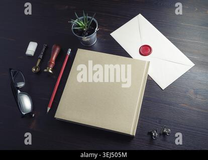 Old blank retro stationery on wooden background. Corporate identity set. Template for branding identity Stock Photo