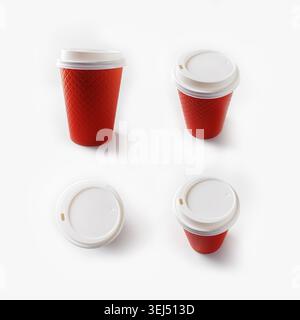 Disposable red paper coffee cups. Package for drinks Stock Photo