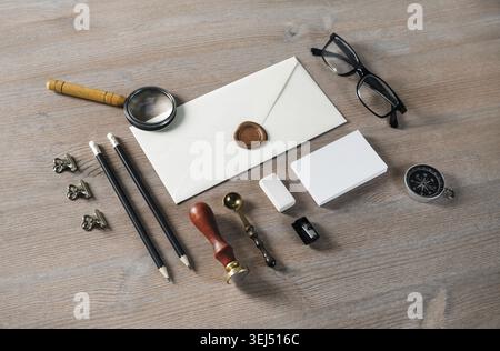 Vintage stationery set on on wood table background. Branding mock up Stock Photo