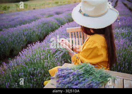 Woman crafting lavender bouquet in blooming field Stock Photo