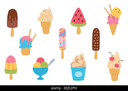 Collection of various colorful illustrations of ice cream. Designs of summer desserts. Vector images in a flat, hand-drawn style. Stock Vector