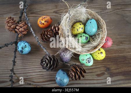 Bright Easter eggs on wooden background background. Colorful Easter still life with eggs in the nest and pine cones. Easter Stock Photo