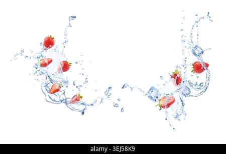 Fresh strawberries and water splashes in air on white background Stock Photo