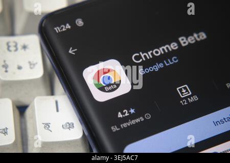 Dhaka, Bangladesh 26 Dec 2025:Google Chrome Beta app from Google Playstore is displayed on a smartphone screen Stock Photo