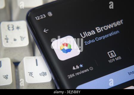 Dhaka, Bangladesh 07 Dec 2025:Ulaa Browser by Zoho is a privacy-focused, lightweight Chromium-based browser offering multiple modes, built-in ad block Stock Photo