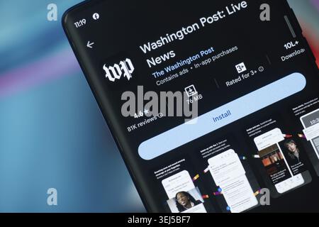 Dhaka, Bangladesh 07 Dec 2025:The Washington post app from Google Playstore is displayed on a smartphone screen Stock Photo