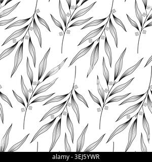 Handdrawn blooming olive twigs Seamless pattern Seasonal Outline Background Minimalistic flat design. Vector illustration Mediterranean theme backdrop media post, posters, banner, price tag, leaflets  Stock Vector