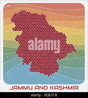 Jammu and Kashmir, India vintage logo. Hexagon dots shape of the state on retro colored stripe waves background. Stock Vector