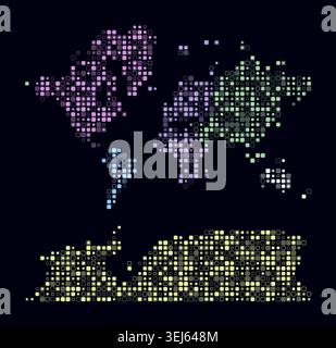 World, shape of the world built of colored cells. Digital style map on dark background. Small size rounded square blocks. Simple vector illustration. Stock Vector