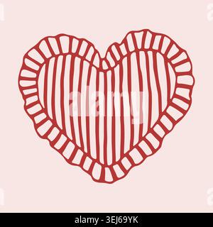 Hand drawn heart shaped pillow with ruffled edges and vertical red stripes. Romantic decorative cushion doodle for Valentines Day gift. Vector Stock Vector