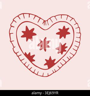 Hand drawn heart shaped pillow with ruffled edge and red stars pattern. Cute decorative cushion doodle for kids room or Valentines Day. Vector flat Stock Vector
