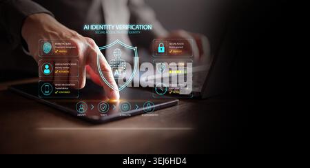 Businessman using tablet with AI identity verification interface. Biometric authentication, secure access, cybersecurity, digital identity, encrypted Stock Photo