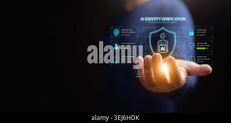 Businessman holding AI identity verification interface with biometric authentication and secure access controls. Cybersecurity, digital identity, data Stock Photo