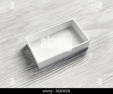 Blank white paper opened box on light wooden background Stock Photo