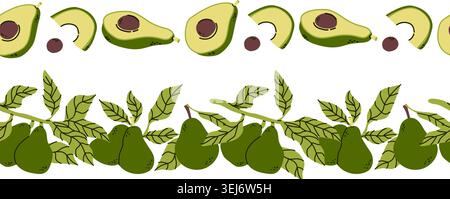 Retro cartoon avocado seamless border set. Hand drawn vector illustration isolated. Green avocado with half and whole fruits. Stock Vector