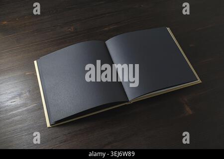 Photo of opened book with blank black pages on wooden background Stock Photo