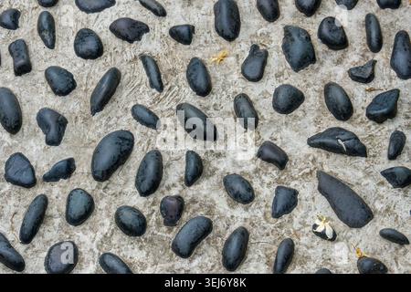 Smooth black pebbles scattered on sandy ground. Natural texture of stones against light-colored earth. Some stones oval, others elongated, irregularly Stock Photo