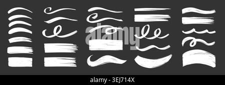 Stroke chalk brush line set. Hand drawn brush line texture crayon scribble on chalkboard. Grunge curve wave paint banner frame sketch pastel abstract design. Vector illustration Stock Vector