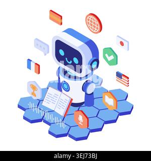 Isometric AI Language Learning Chatbot with Multilingual Learning Platform. AI Language Learning Concept Stock Vector