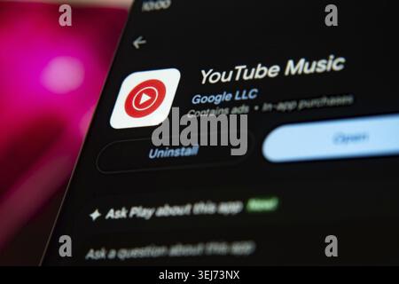 Dhaka, Bangladesh 27 Nov 2025:YouTube Music app on app store with red play icon and uninstall button Stock Photo