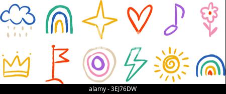 Colorful hand drawn crayon doodle set. Childish paint brush sketch element collection. Naive scribbled flower, rainbow, sun, heart, crown, star, flag illustrations. Vector cute pencil drawing pack Stock Vector