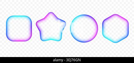 Bright iridescent gradient frame set. Blurred blue purple badge border collection. Vibrant colorful square, circle, hexagon, star banner element pack. Colorful vivid button box template bundle. Vector Stock Vector